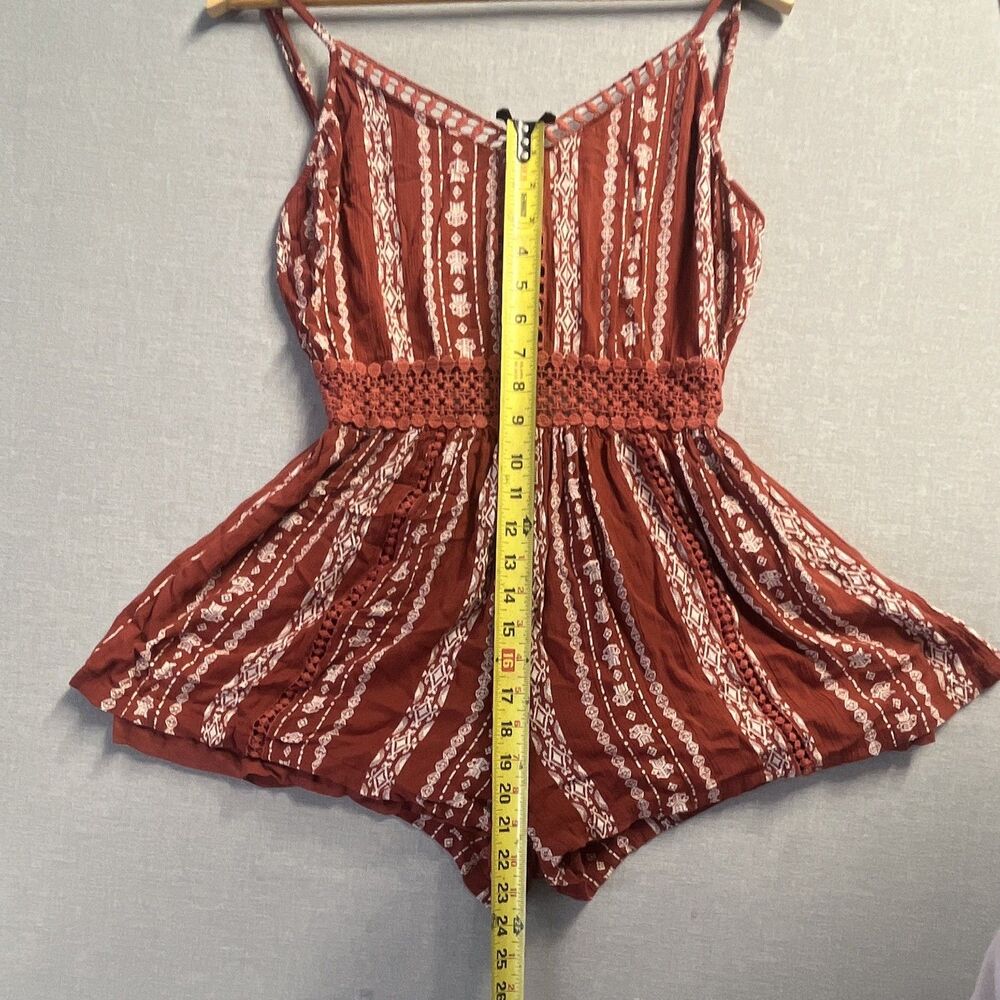 Angie Red Geometric Rayon Romper Crochet Waist V-Neck Tie, Size S - Picture 9 of 9